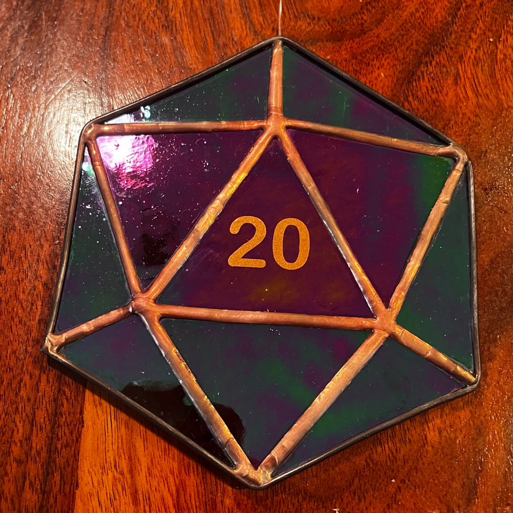 Handcrafted, handmade Stained Glass D20 D 20 Die made by jaggedglassworks